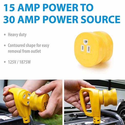 Camco 55233 30AM/15AF Power Grip Adapter - 125V/1875W Bilingual CSA
