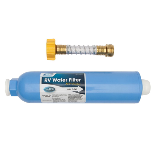 Camco 40013 TastePURE KDF/Carbon Water Filter  - Filter with hose protector,  Bilingual