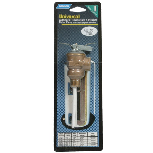 Camco 10473 T&P Valve 3/4"  - w/4" Probe Coated, 150psi  Bilingual