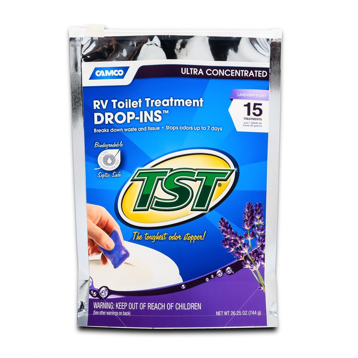 Camco 41558 TST RV Toilet Treatment Drop-Ins (Lavender Scent, 15/Bag) Bilingual